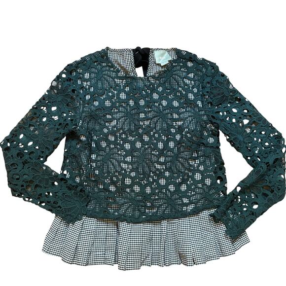 Anthropologie Mauve Gabriella black white gingham lace peplum blouse SIZE S - Picture 1 of 5